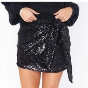 Lulu’s Sequin Shiny Tie Faux Wrap Mini Skirt Black